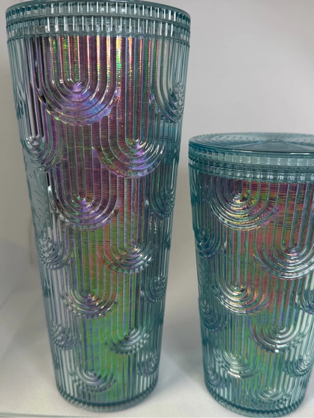Starbucks Set Of Two Blue Iridescent 2022 Tumblers, One Straw (10oz & 24oz)